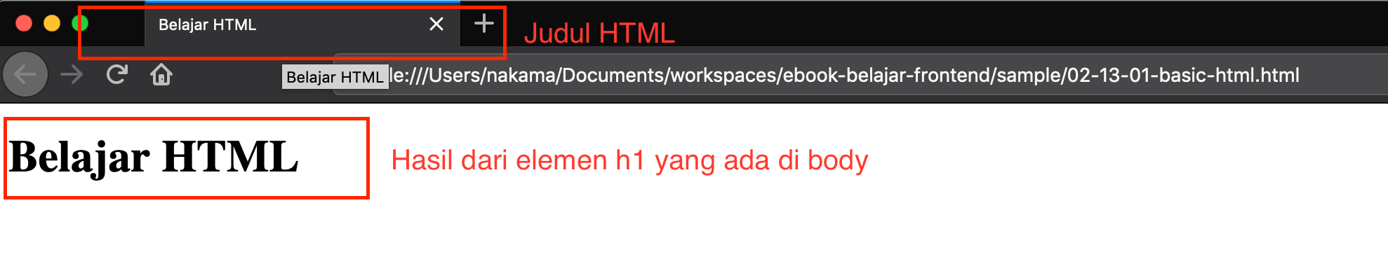 Hasil dari contoh kode HTML dasar