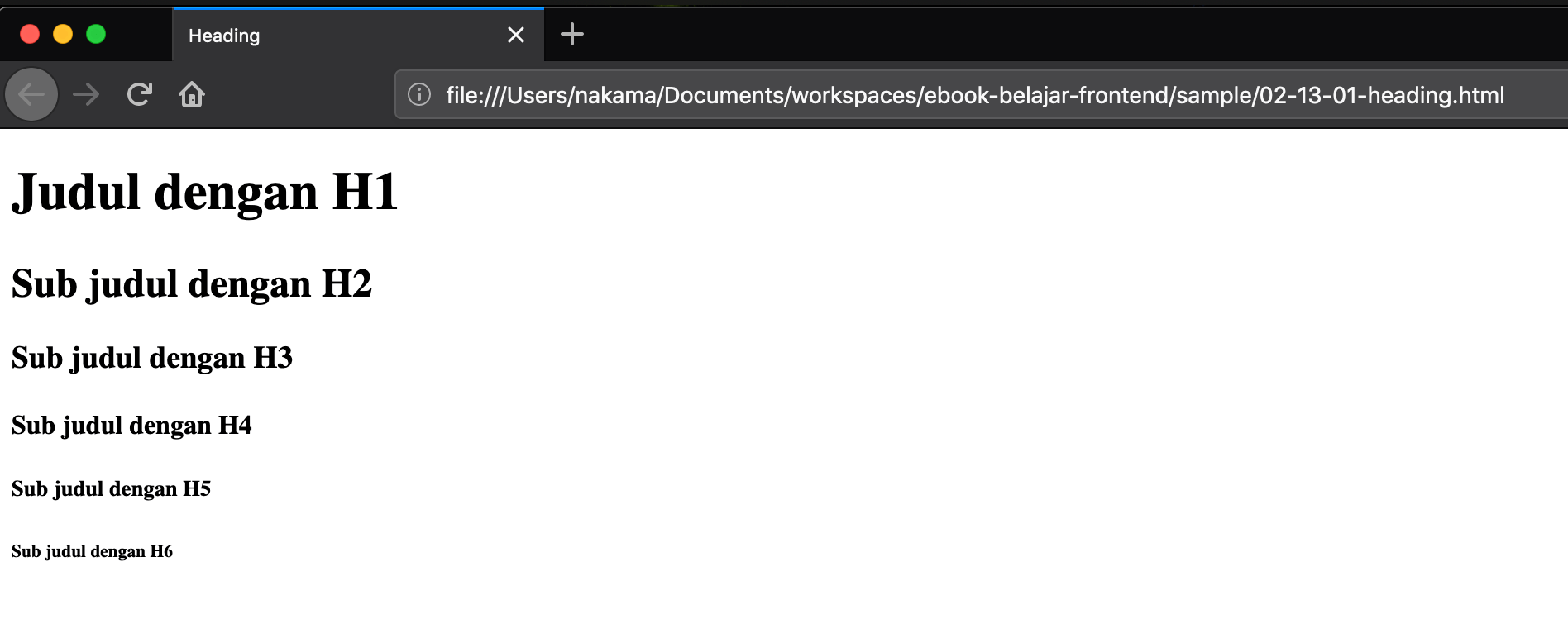 Hasil dari contoh kode elemen Heading