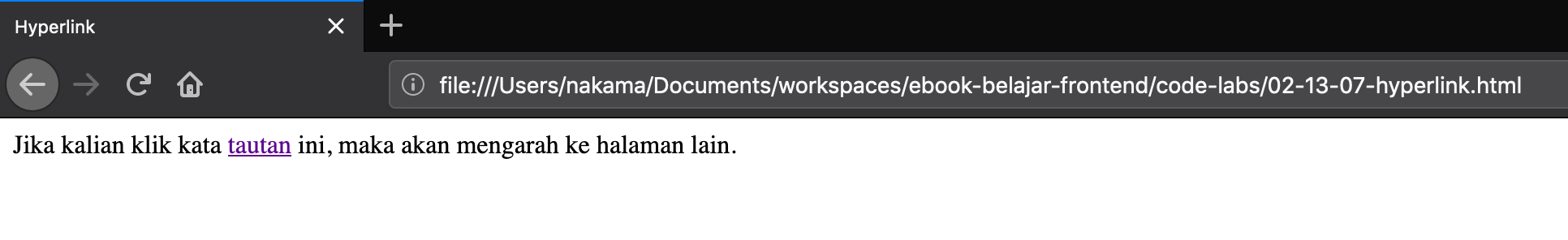 Hasil dari contoh kode tautan sederhana