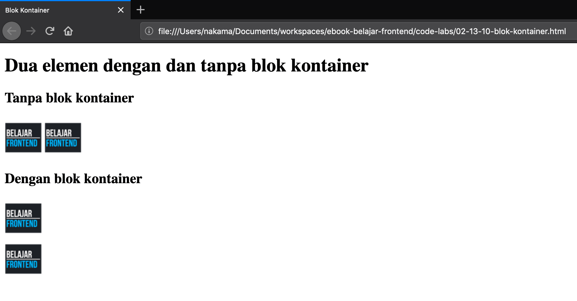 Hasil dari contoh kode blok kontainer